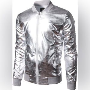 JOGAL Men’s metallic silver jacket 70’s disco costume